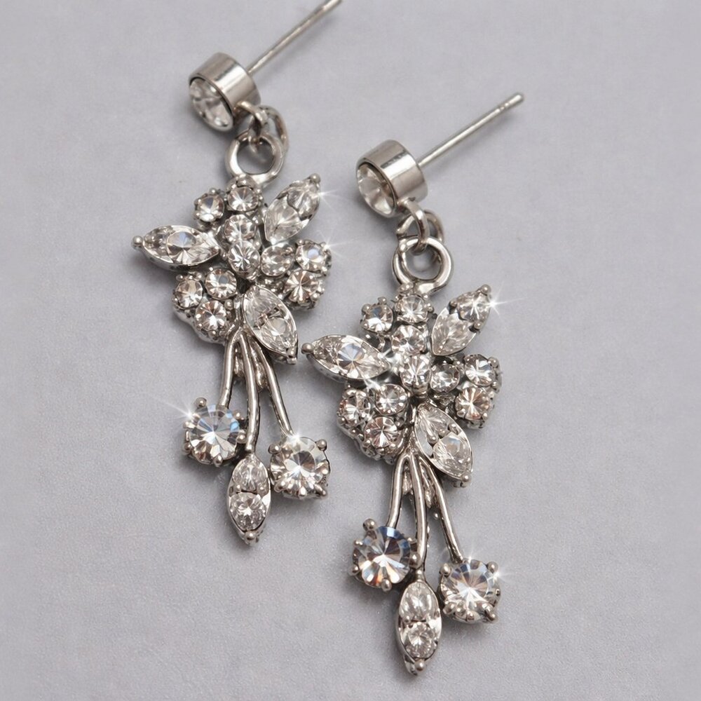 Bridal Floral Crystal Rhinestone Drop Stud Earrings Silver Tone Sparkly Wedding